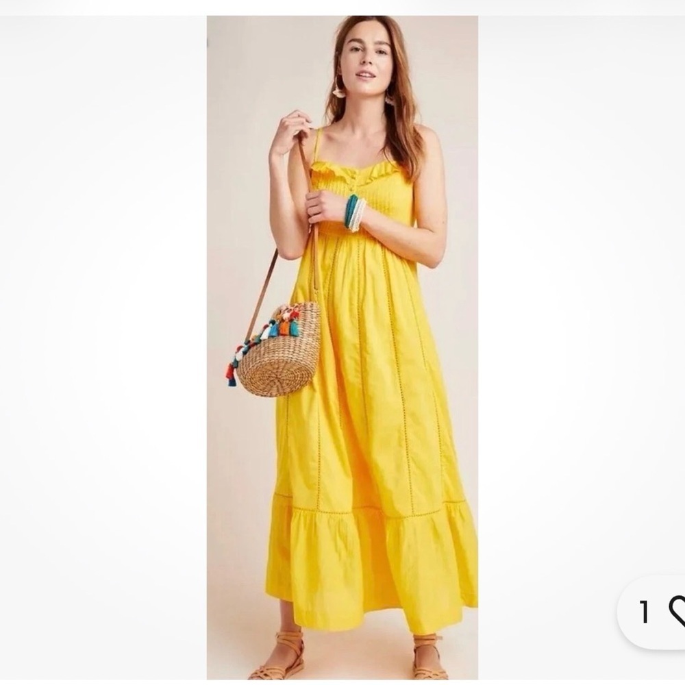 Anthropologie Maeve Arcadia Yellow Maxi Dress Ruffle Eyelet Sundress Women US 0